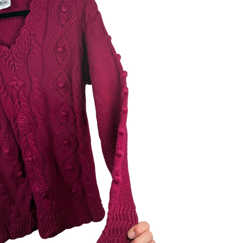 Hunnewell Jayson Cable Knit Cardigan Sweater Raspberry Pom Pom Detail M - Picture 6 of 6